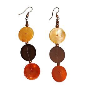 Bronze Tone Metal Glass Shell & Foil Discs Dangle Drop Fashion Earrings Boho